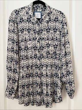 Style & Co. Printed Long-Sleeve Button Blouse- Navy on Cream size 2X
